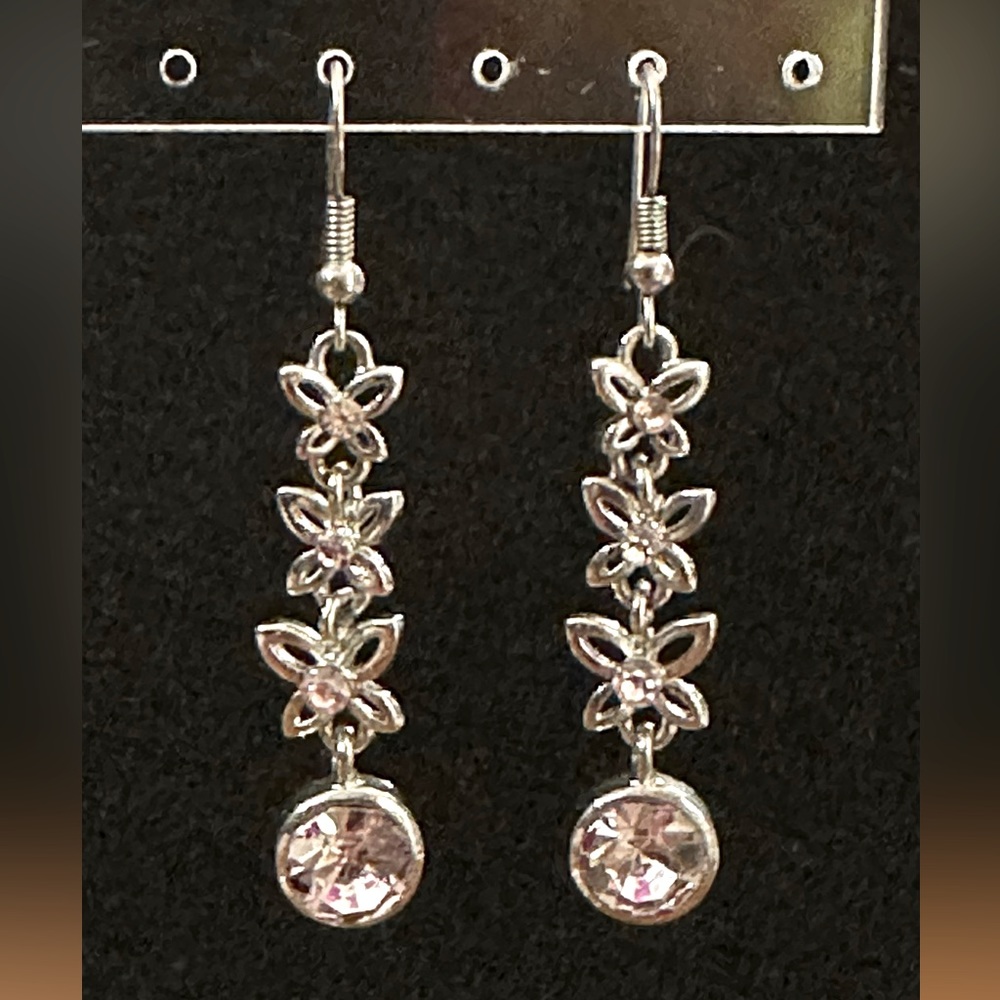 Flowers & Pink Stone Wire Earrings